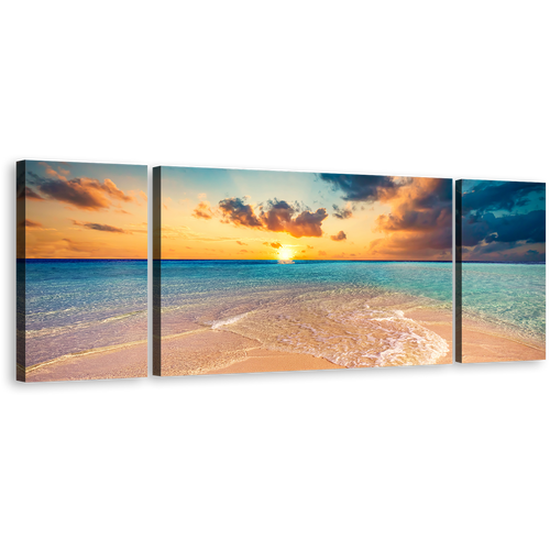 Maldives Ocean Canvas Print, Blue Ocean Beach 3 Piece Canvas Wall Art, Yellow Cloudy Sunset Triptych Multiple Canvas