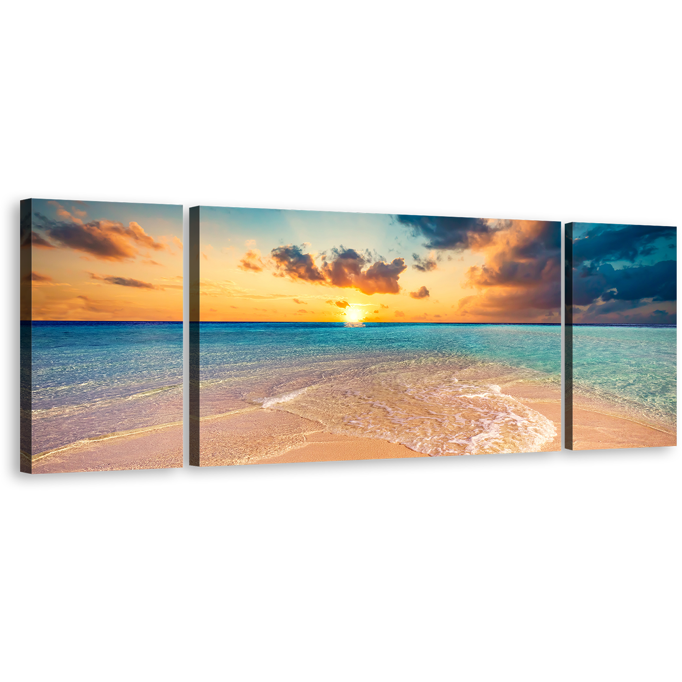 Maldives Ocean Canvas Print, Blue Ocean Beach 3 Piece Canvas Wall Art, Yellow Cloudy Sunset Triptych Multiple Canvas