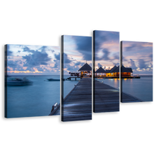 Load image into Gallery viewer, Maldives Ocean Canvas Wall Art, Blue Kani Island Ocean Beach 4 Piece Multiple Canvas, Orange Beach Resort Seascape Canvas Print
