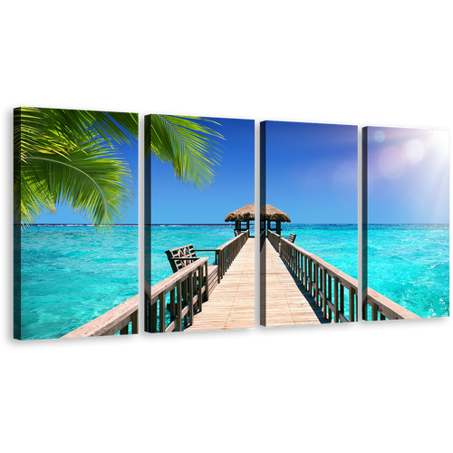 Maldives Pier Canvas Print, Blue Sky Seascape 4 Piece Canvas Wall Art, Beautiful Indian Ocean Multiple Canvas