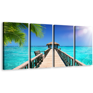 Maldives Pier Canvas Print, Blue Sky Seascape 4 Piece Canvas Wall Art, Beautiful Indian Ocean Multiple Canvas