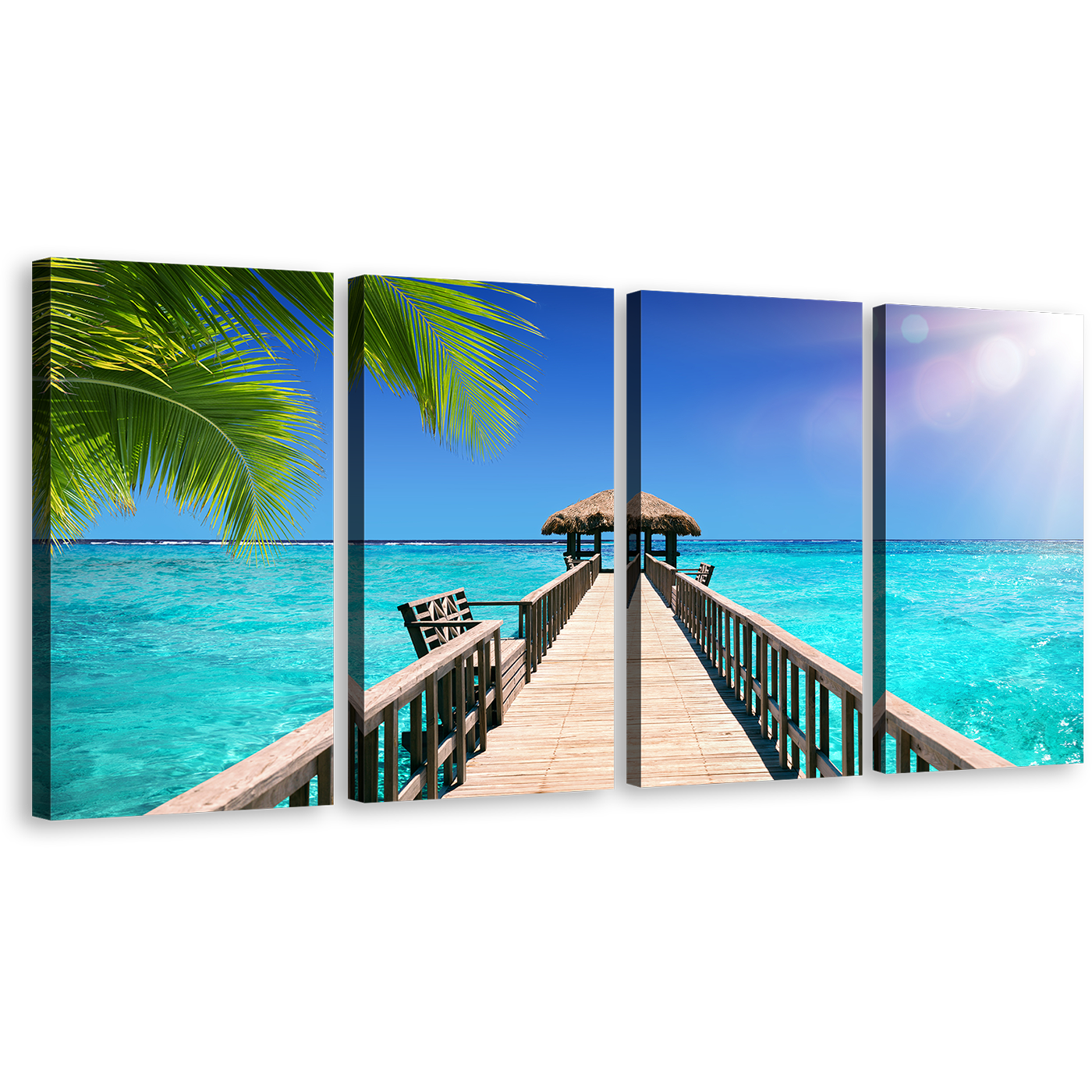 Maldives Pier Canvas Print, Blue Sky Seascape 4 Piece Canvas Wall Art, Beautiful Indian Ocean Multiple Canvas