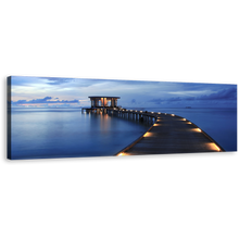 Load image into Gallery viewer, Maldives Pier Wall Art, Beautiful Blue Cloudy Seascape Panoramic Canvas Print, Yellow Wooden Pier Lights Canvas Art
