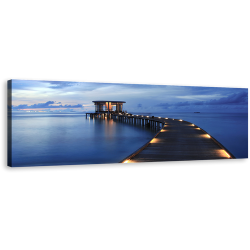 Maldives Pier Wall Art, Beautiful Blue Cloudy Seascape Panoramic Canvas Print, Yellow Wooden Pier Lights Canvas Art