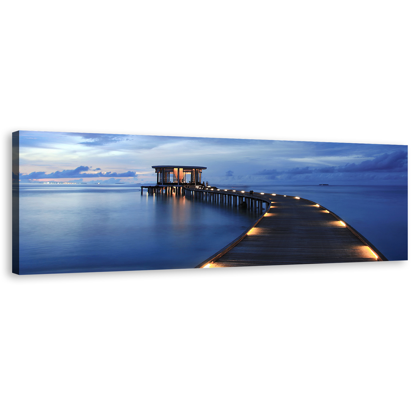 Maldives Pier Wall Art, Beautiful Blue Cloudy Seascape Panoramic Canvas Print, Yellow Wooden Pier Lights Canvas Art