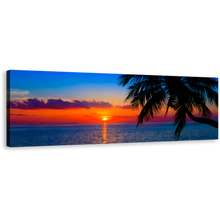 Load image into Gallery viewer, Maldives Sunset Wall Art, Evening Indian Ocean Sunset Palm Trees 1 Piece Canvas Print, Blue Ocean Evening Orange Sky Canvas Print
