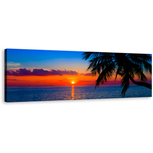 Maldives Sunset Wall Art, Evening Indian Ocean Sunset Palm Trees 1 Piece Canvas Print, Blue Ocean Evening Orange Sky Canvas Print