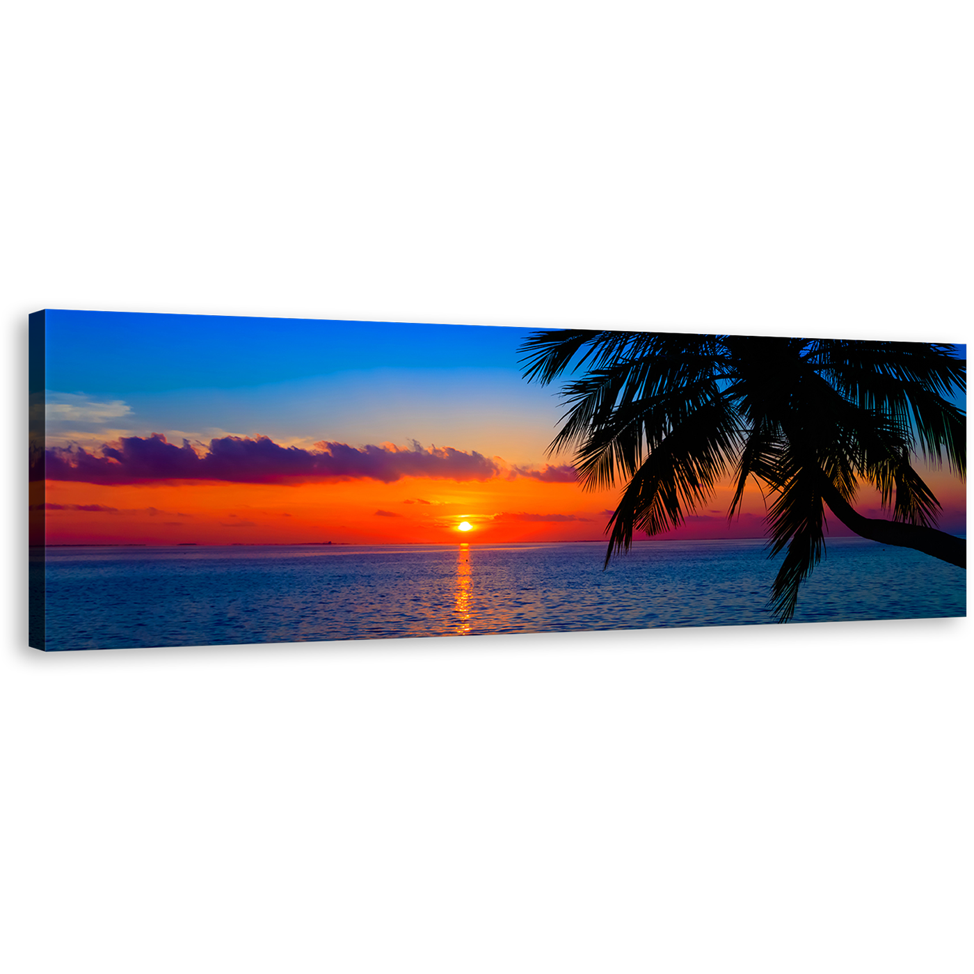 Maldives Sunset Wall Art, Evening Indian Ocean Sunset Palm Trees 1 Piece Canvas Print, Blue Ocean Evening Orange Sky Canvas Print