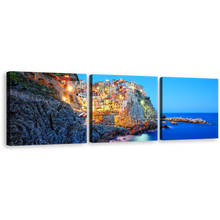 Load image into Gallery viewer, Manarola Evening Canvas Print, Yellow Cinque Terre City View 3 Piece Wall Art, Blue National Park Cliff Ocean Multi Canvas
