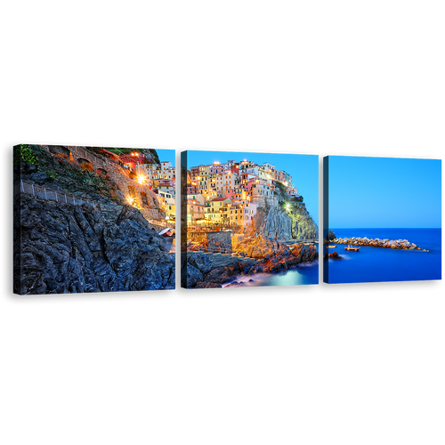 Manarola Evening Canvas Print, Yellow Cinque Terre City View 3 Piece Wall Art, Blue National Park Cliff Ocean Multi Canvas