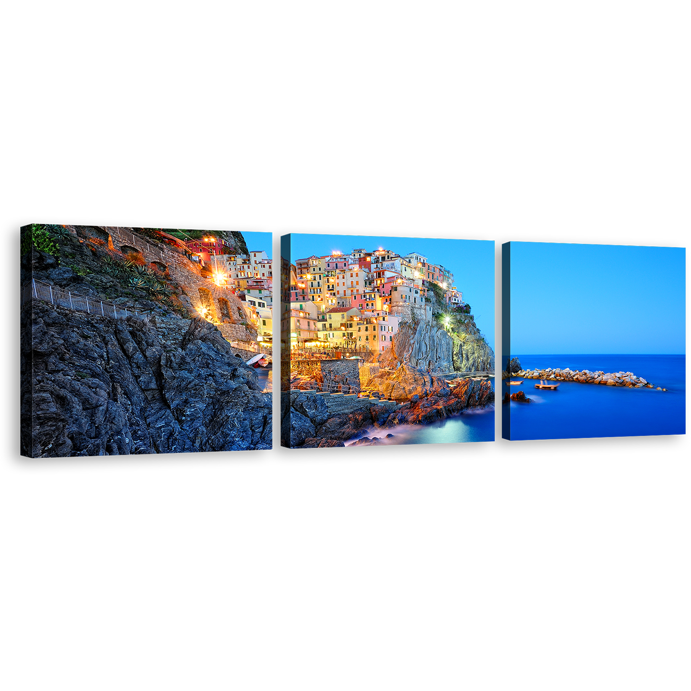 Manarola Evening Canvas Print, Yellow Cinque Terre City View 3 Piece Wall Art, Blue National Park Cliff Ocean Multi Canvas