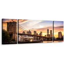 Load image into Gallery viewer, Manhattan Bridge Canvas Print, Brown New York Cityscape Multiple Canvas, Brooklyn Bridge Yellow Sunset Sky 3 Piece Canvas Wall Art
