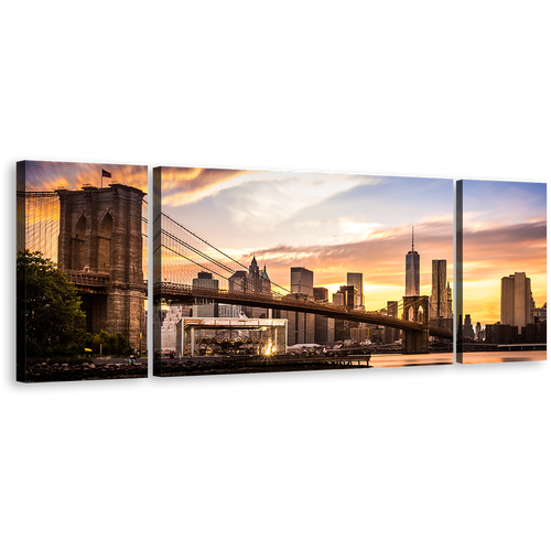 Manhattan Bridge Canvas Print, Brown New York Cityscape Multiple Canvas, Brooklyn Bridge Yellow Sunset Sky 3 Piece Canvas Wall Art