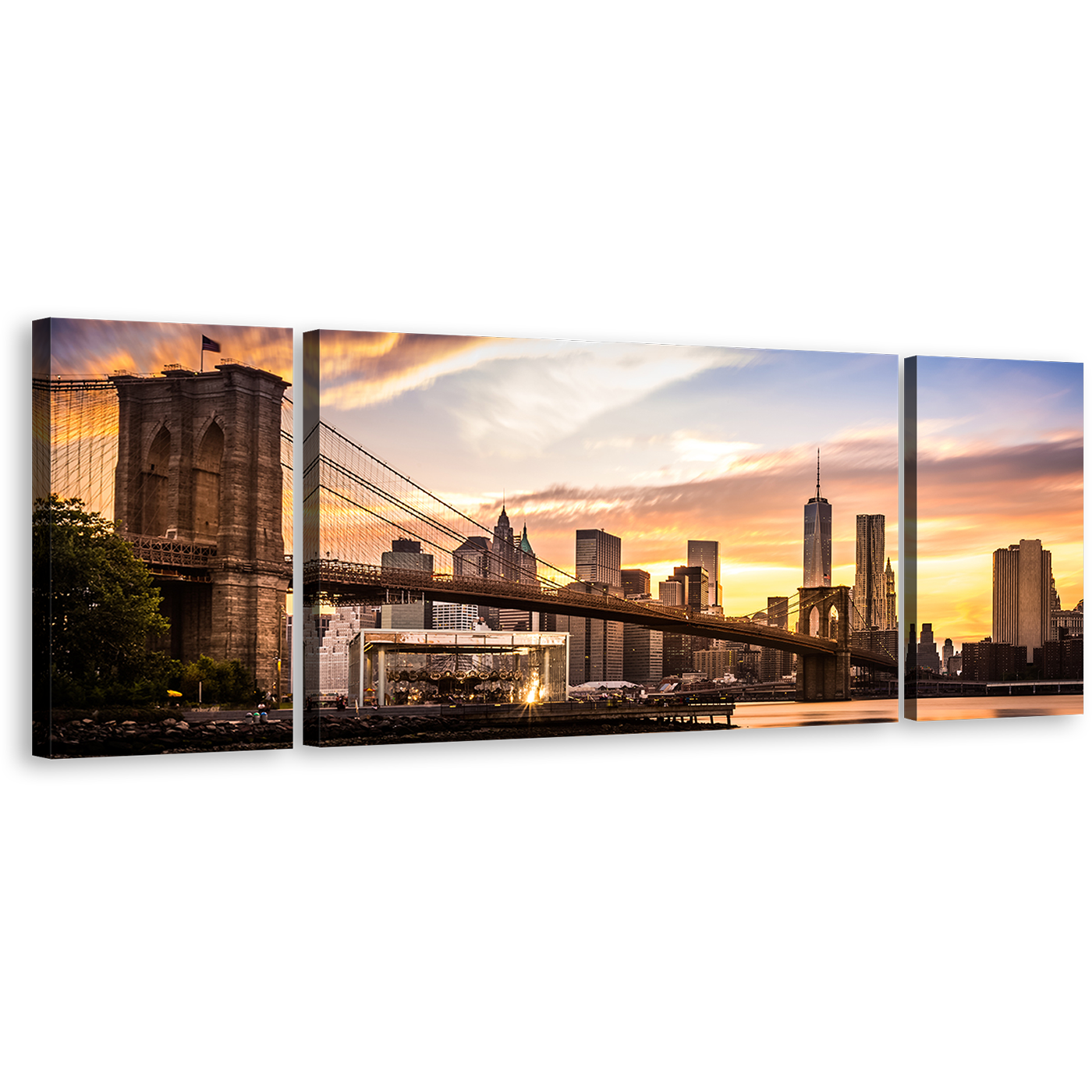 Manhattan Bridge Canvas Print, Brown New York Cityscape Multiple Canvas, Brooklyn Bridge Yellow Sunset Sky 3 Piece Canvas Wall Art