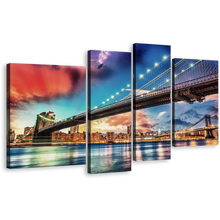 Load image into Gallery viewer, Manhattan Bridge Canvas Wall Art, Brooklyn Bridge NYC Art Print, New York City Blue Red Sky 4 Piece Multiple Canvas
