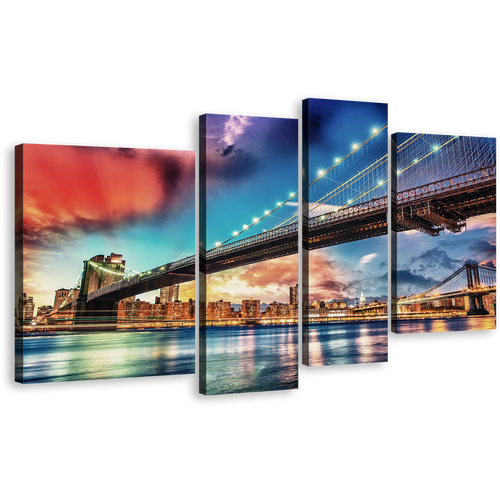 Manhattan Bridge Canvas Wall Art, Brooklyn Bridge NYC Art Print, New York City Blue Red Sky 4 Piece Multiple Canvas