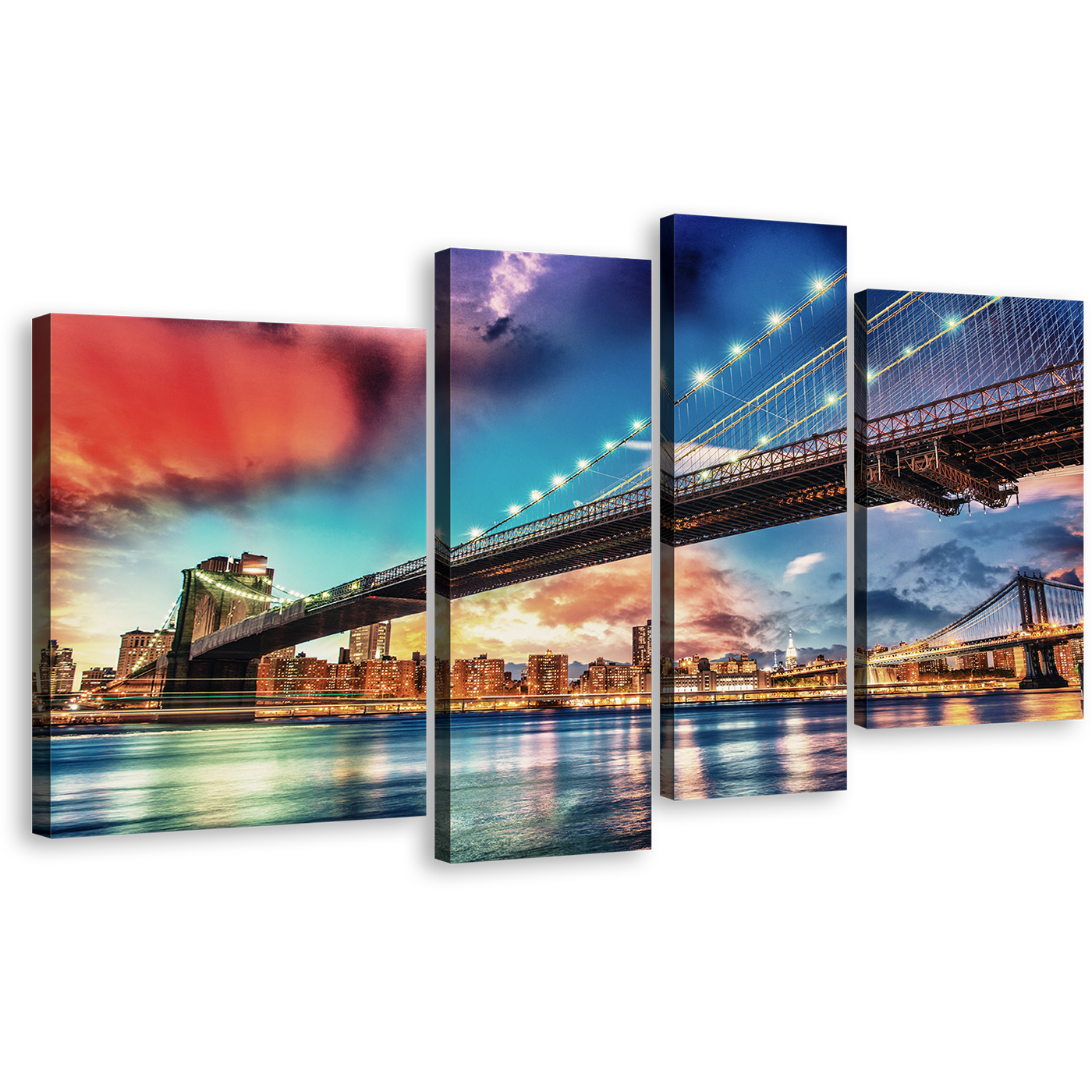 Manhattan Bridge Canvas Wall Art, Brooklyn Bridge NYC Art Print, New York City Blue Red Sky 4 Piece Multiple Canvas