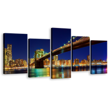 Load image into Gallery viewer, Manhattan Bridge Canvas Wall Art, Yellow Brooklyn Bridge Night View Canvas Print, New York City Blue Sky 5 Piece Multiple Canvas
