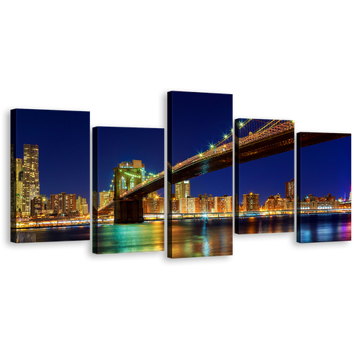 Manhattan Bridge Canvas Wall Art, Yellow Brooklyn Bridge Night View Canvas Print, New York City Blue Sky 5 Piece Multiple Canvas