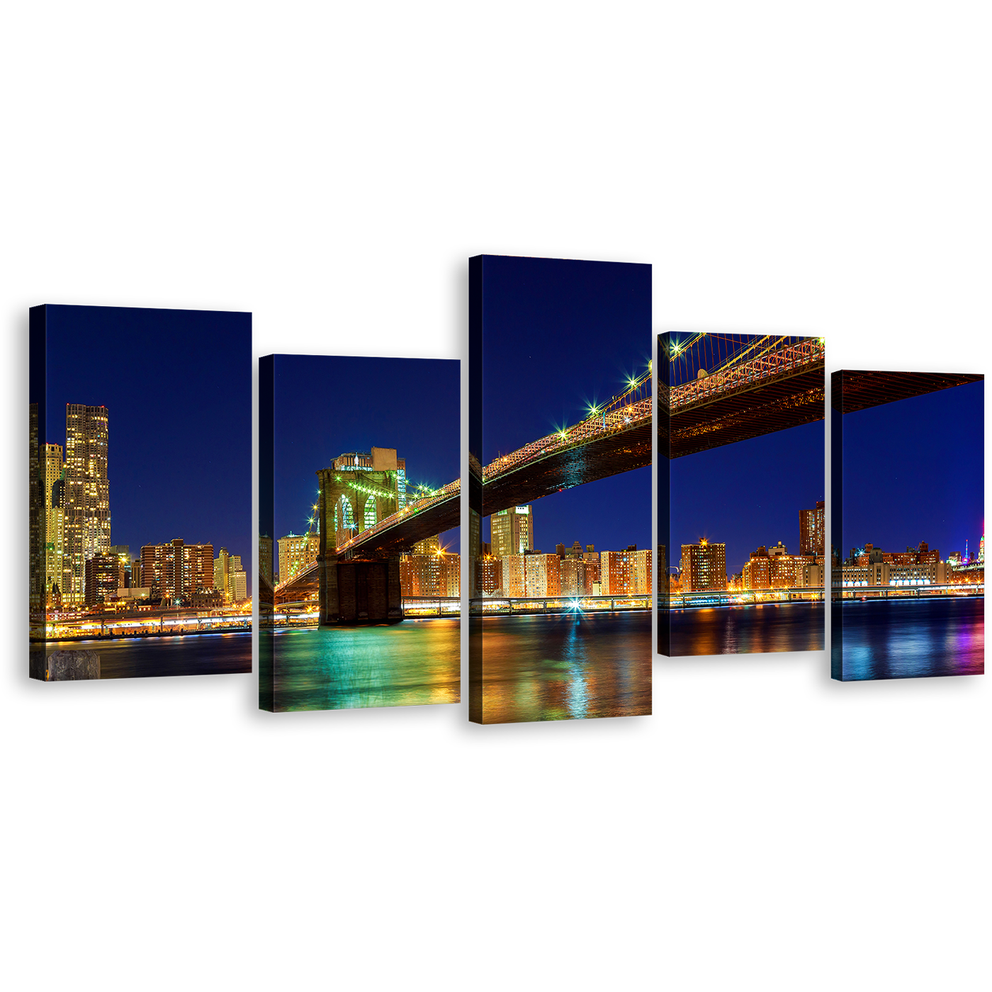 Manhattan Bridge Canvas Wall Art, Yellow Brooklyn Bridge Night View Canvas Print, New York City Blue Sky 5 Piece Multiple Canvas