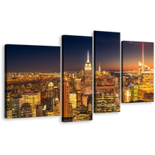 Load image into Gallery viewer, Manhattan City Canvas Wall Art, New York Empire State Building 4 Piece Canvas Print, Yellow NYC Midtown at Night Multi Panel Canvas, Orange Sky Cityscape Canvas Set
