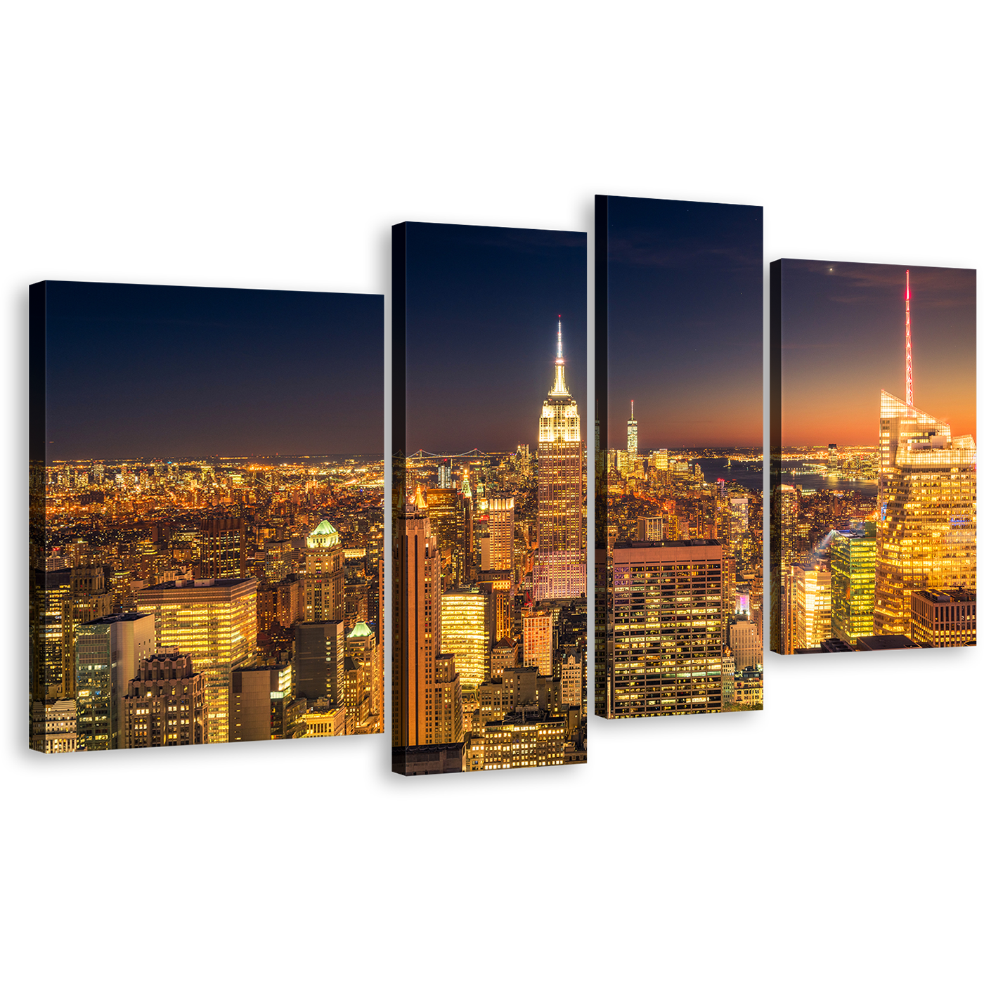 Manhattan City Canvas Wall Art, New York Empire State Building 4 Piece Canvas Print, Yellow NYC Midtown at Night Multi Panel Canvas, Orange Sky Cityscape Canvas Set