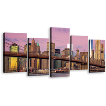 Load image into Gallery viewer, Manhattan Cityscape Canvas Print, Pink Sky Brooklyn Bridge Skyline Multi Canvas Artwork, Brown New York City 5 Piece Canvas Wall Art
