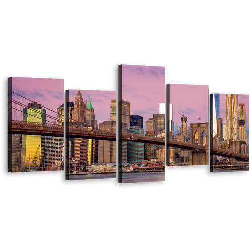 Manhattan Cityscape Canvas Print, Pink Sky Brooklyn Bridge Skyline Multi Canvas Artwork, Brown New York City 5 Piece Canvas Wall Art