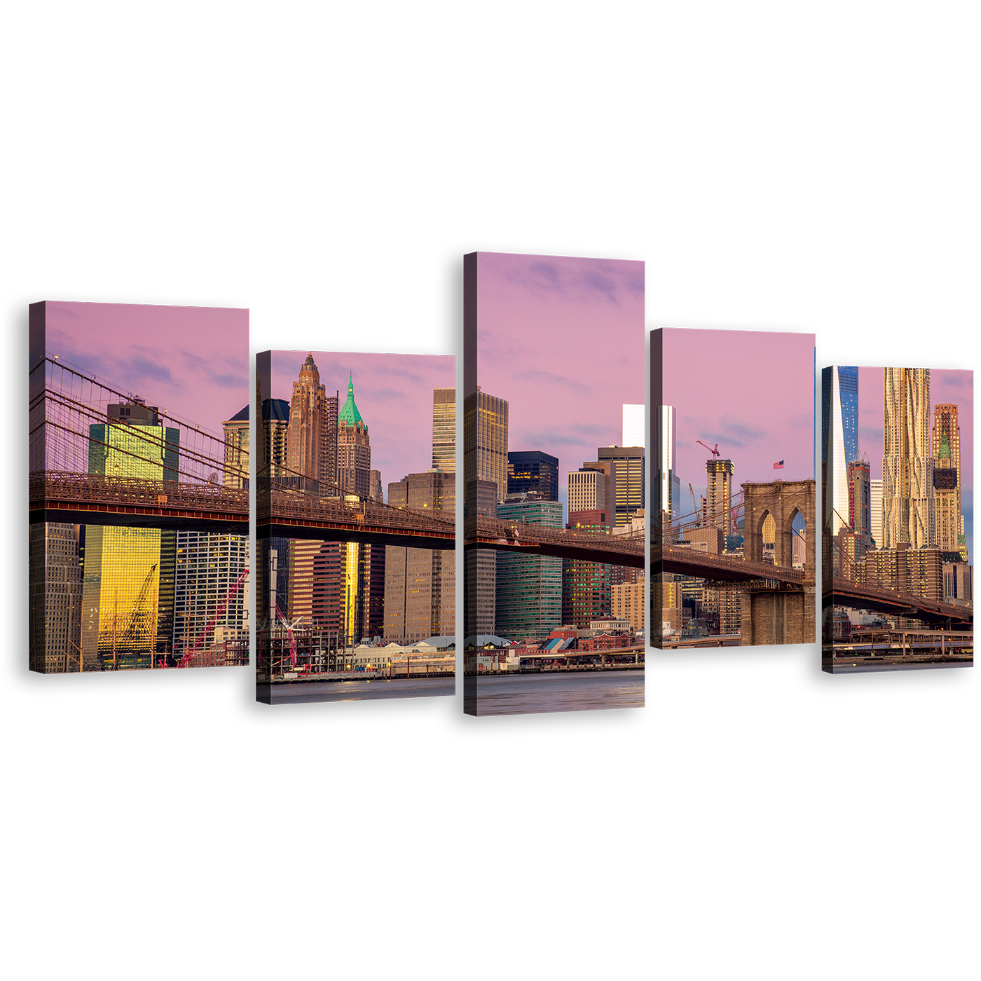 Manhattan Cityscape Canvas Print, Pink Sky Brooklyn Bridge Skyline Multi Canvas Artwork, Brown New York City 5 Piece Canvas Wall Art