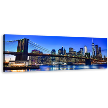 Load image into Gallery viewer, Manhattan Cityscape Canvas Wall Art, Black Brooklyn Bridge City Reflection Panoramic Canvas Print, Blue Sky New York City Canvas Artwork
