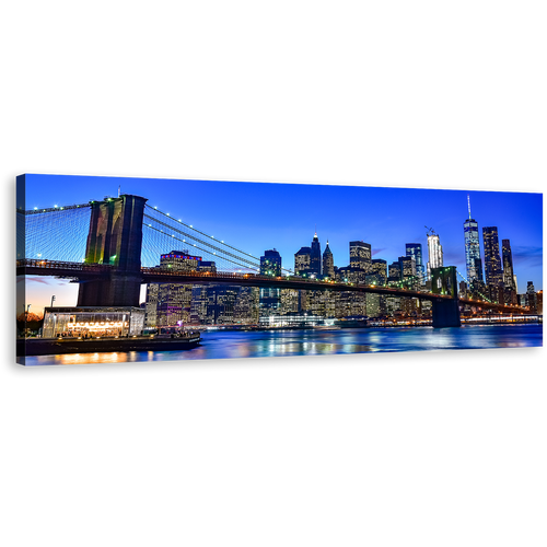 Manhattan Cityscape Canvas Wall Art, Black Brooklyn Bridge City Reflection Panoramic Canvas Print, Blue Sky New York City Canvas Artwork