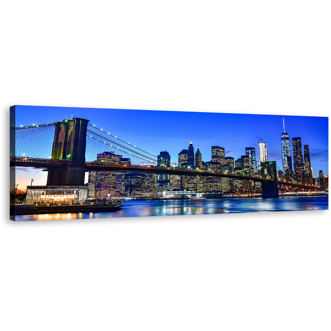 Manhattan Cityscape Canvas Wall Art, Black Brooklyn Bridge City Reflection Panoramic Canvas Print, Blue Sky New York City Canvas Artwork