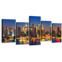 Load image into Gallery viewer, Manhattan Cityscape Canvas Wall Art, Blue Sky New York City 5 Piece Multiple Canvas, Yellow Midtown Manhattan Lights Reflection Canvas Print
