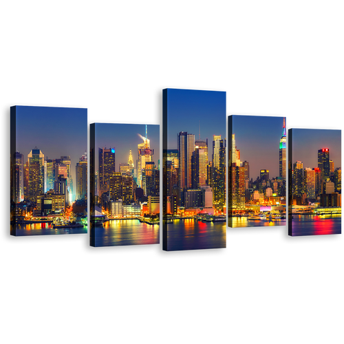 Manhattan Cityscape Canvas Wall Art, Blue Sky New York City 5 Piece Multiple Canvas, Yellow Midtown Manhattan Lights Reflection Canvas Print