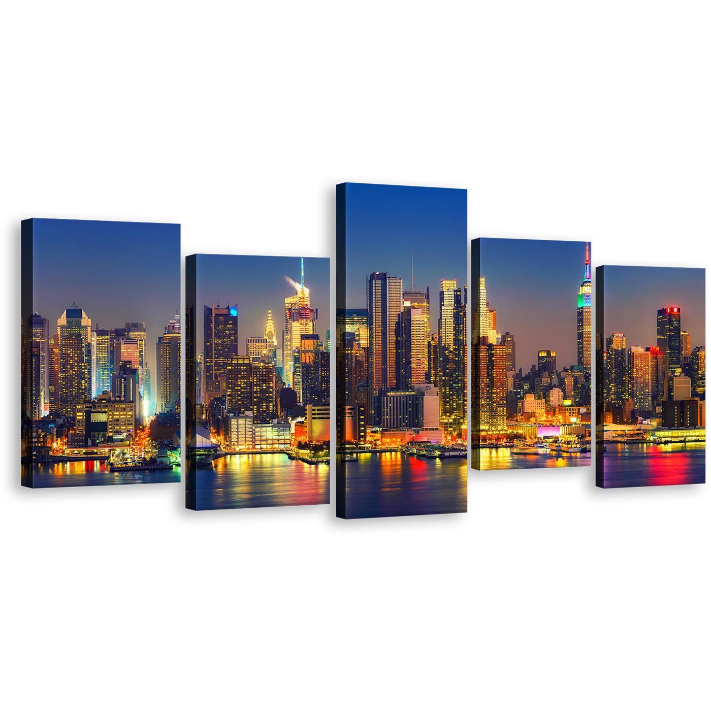 Manhattan Cityscape Canvas Wall Art, Blue Sky New York City 5 Piece Multiple Canvas, Yellow Midtown Manhattan Lights Reflection Canvas Print