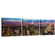 Load image into Gallery viewer, Manhattan Cityscape Canvas Wall Art, Brown NYC at Evening Triptych Canvas Print, Blue Sky New York City 3 Piece Canvas
