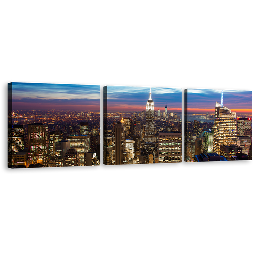 Manhattan Cityscape Canvas Wall Art, Brown NYC at Evening Triptych Canvas Print, Blue Sky New York City 3 Piece Canvas