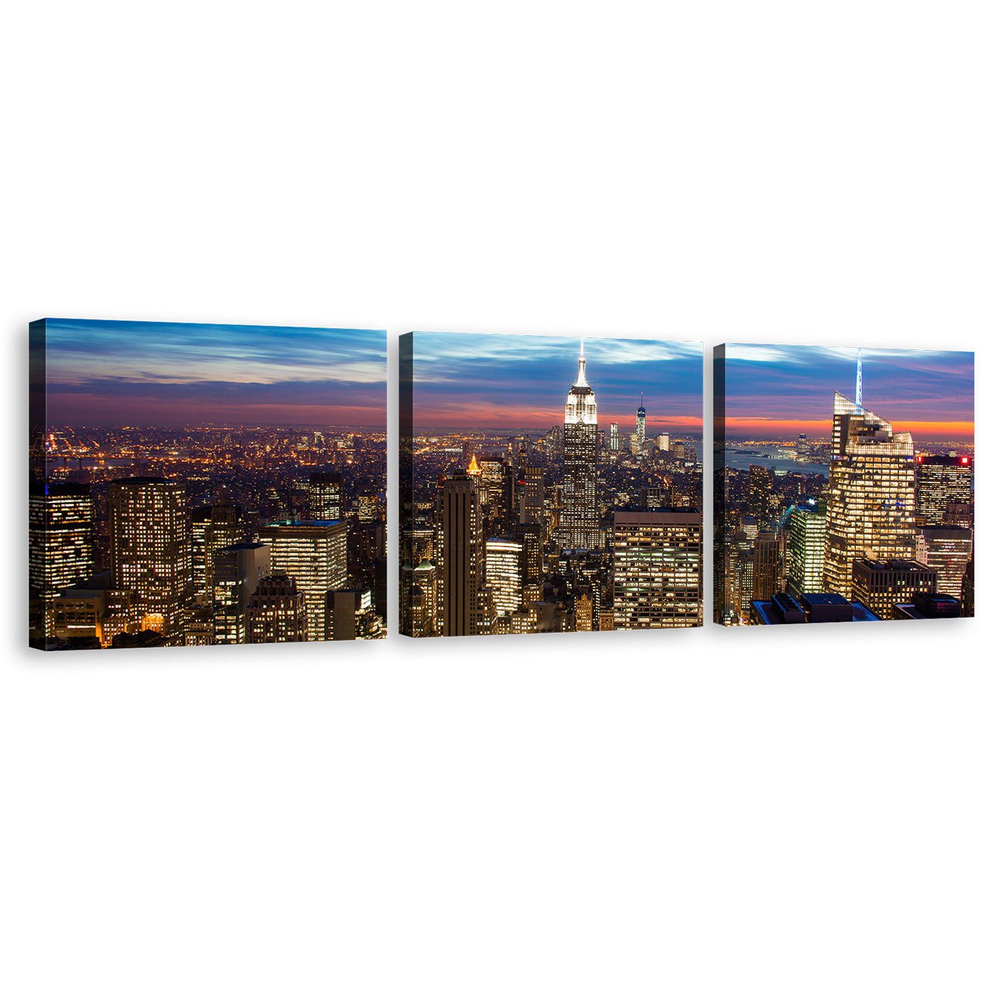 Manhattan Cityscape Canvas Wall Art, Brown NYC at Evening Triptych Canvas Print, Blue Sky New York City 3 Piece Canvas