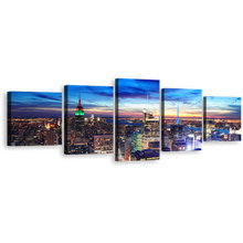 Load image into Gallery viewer, New York Canvas Wall Art, Blue Sky Manhattan Downtown Cityscape 5 Piece Canvas, Yellow NYC Skyline Aerial View Canvas Print
