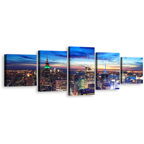 New York Canvas Wall Art, Blue Sky Manhattan Downtown Cityscape 5 Piece Canvas, Yellow NYC Skyline Aerial View Canvas Print