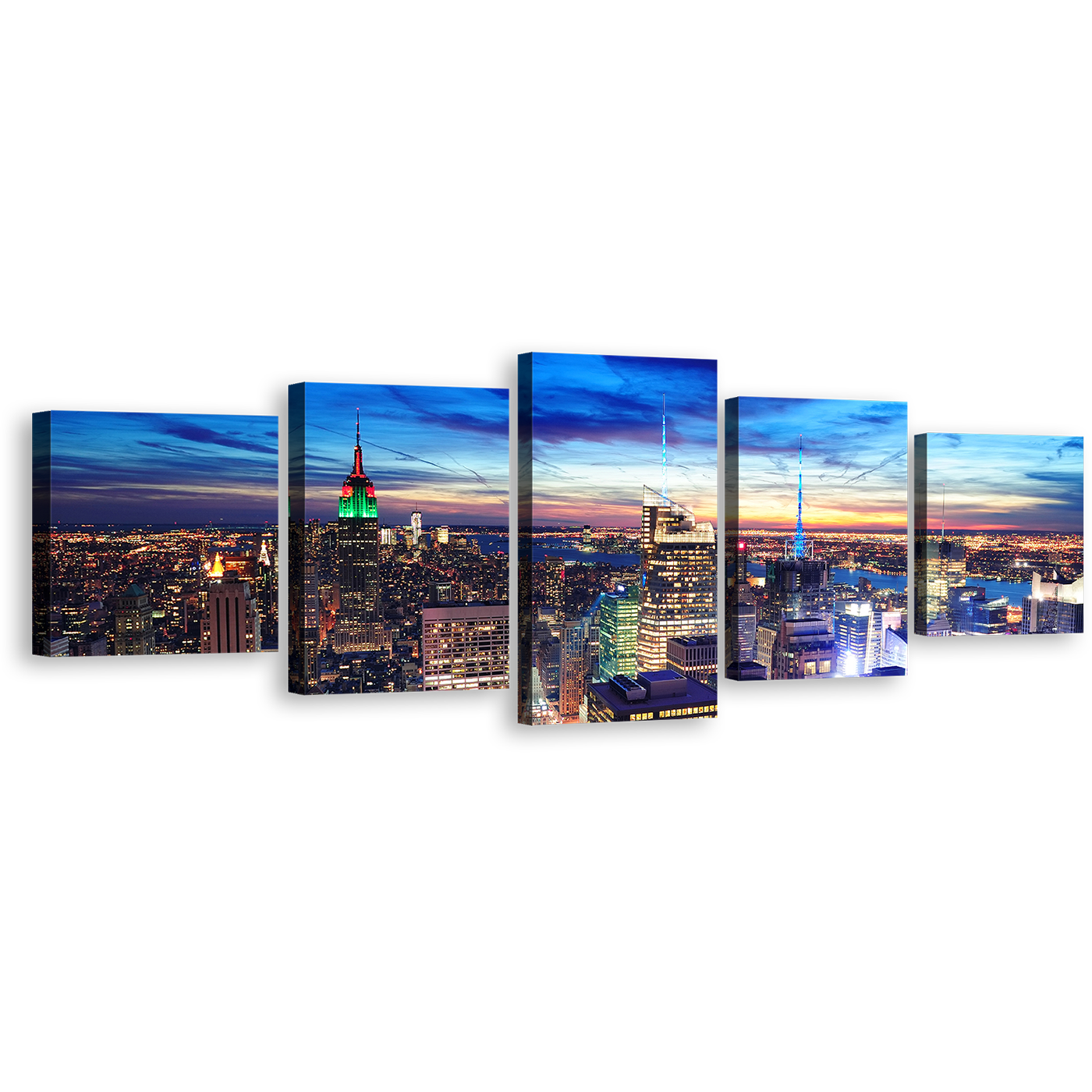 New York Canvas Wall Art, Blue Sky Manhattan Downtown Cityscape 5 Piece Canvas, Yellow NYC Skyline Aerial View Canvas Print