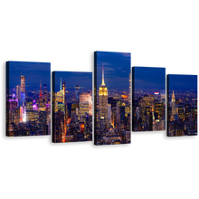 Load image into Gallery viewer, Manhattan Cityscape Canvas Wall Art, New York Yellow City Lights 5 Piece Multi Canvas Artwork, NYC at Blue Night Canvas Set, Empire State Building Canvas Print
