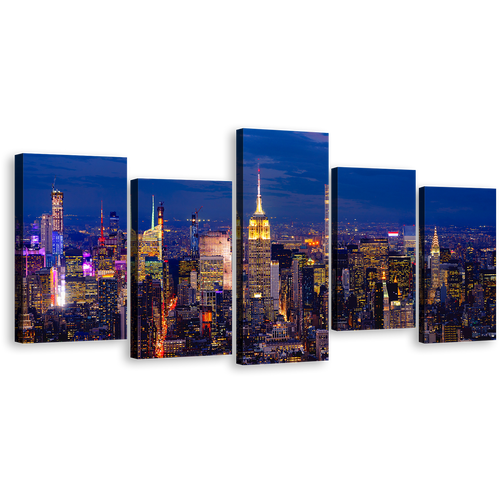 Manhattan Cityscape Canvas Wall Art, New York Yellow City Lights 5 Piece Multi Canvas Artwork, NYC at Blue Night Canvas Set, Empire State Building Canvas Print