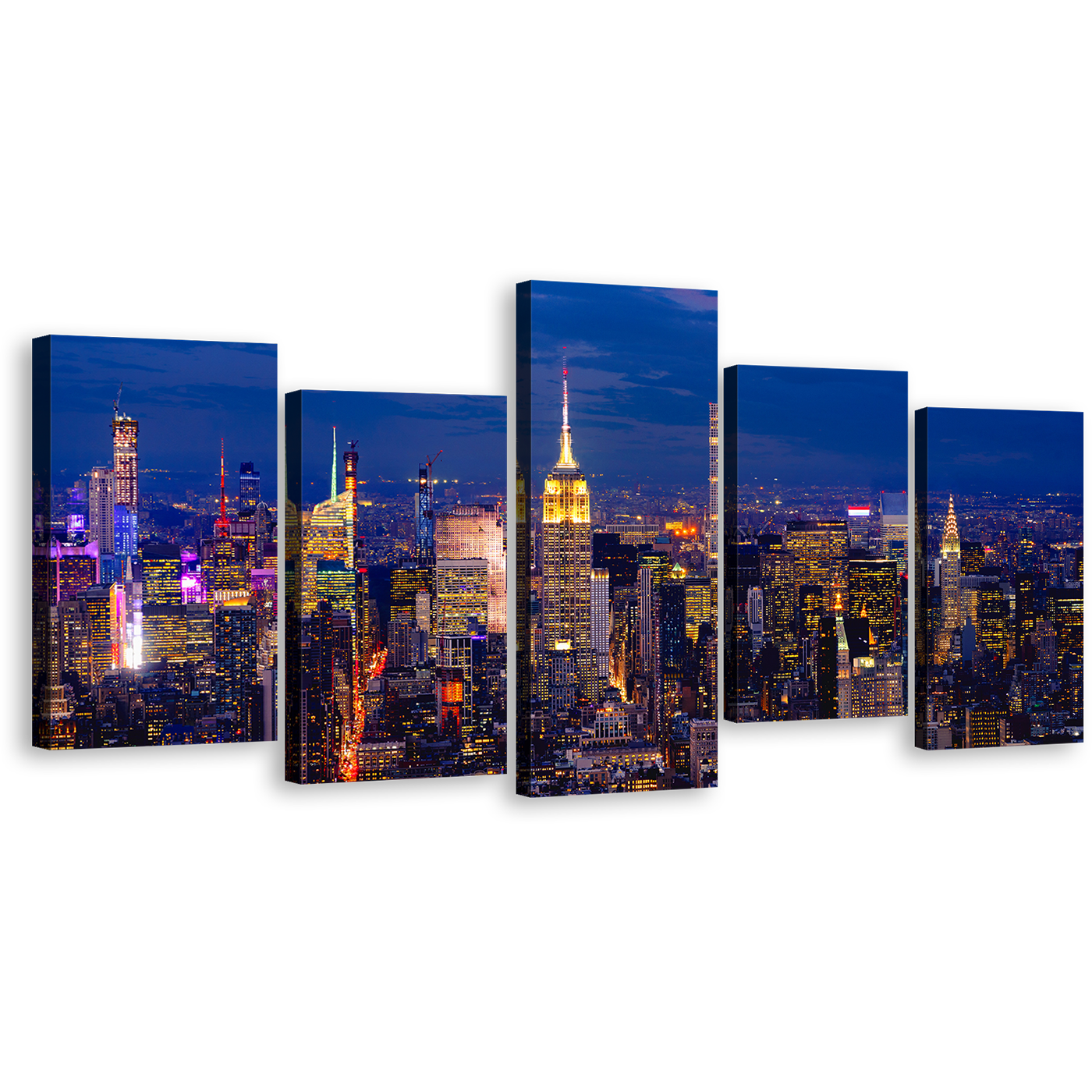 Manhattan Cityscape Canvas Wall Art, New York Yellow City Lights 5 Piece Multi Canvas Artwork, NYC at Blue Night Canvas Set, Empire State Building Canvas Print