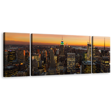 Load image into Gallery viewer, Manhattan Cityscape Canvas Wall Art, Yellow Sky City Skyline 3 Piece Canvas Set, Grey Midtown Manhattan New York City Canvas Print
