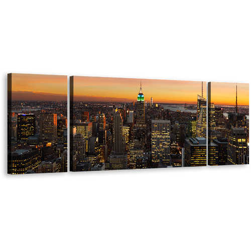 Manhattan Cityscape Canvas Wall Art, Yellow Sky City Skyline 3 Piece Canvas Set, Grey Midtown Manhattan New York City Canvas Print