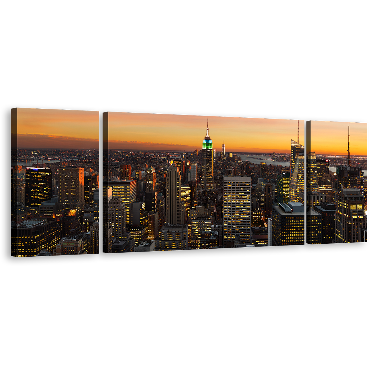 Manhattan Cityscape Canvas Wall Art, Yellow Sky City Skyline 3 Piece Canvas Set, Grey Midtown Manhattan New York City Canvas Print