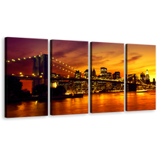 Load image into Gallery viewer, Manhattan Cityscape Wall Art, Brooklyn Bridge at Yellow Sunset 4 Piece Canvas Print, Black Manhattan Cityscape Multiple Canvas
