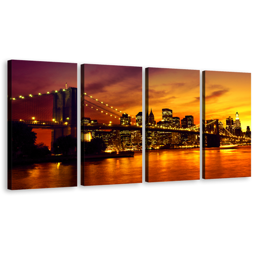 Manhattan Cityscape Wall Art, Brooklyn Bridge at Yellow Sunset 4 Piece Canvas Print, Black Manhattan Cityscape Multiple Canvas