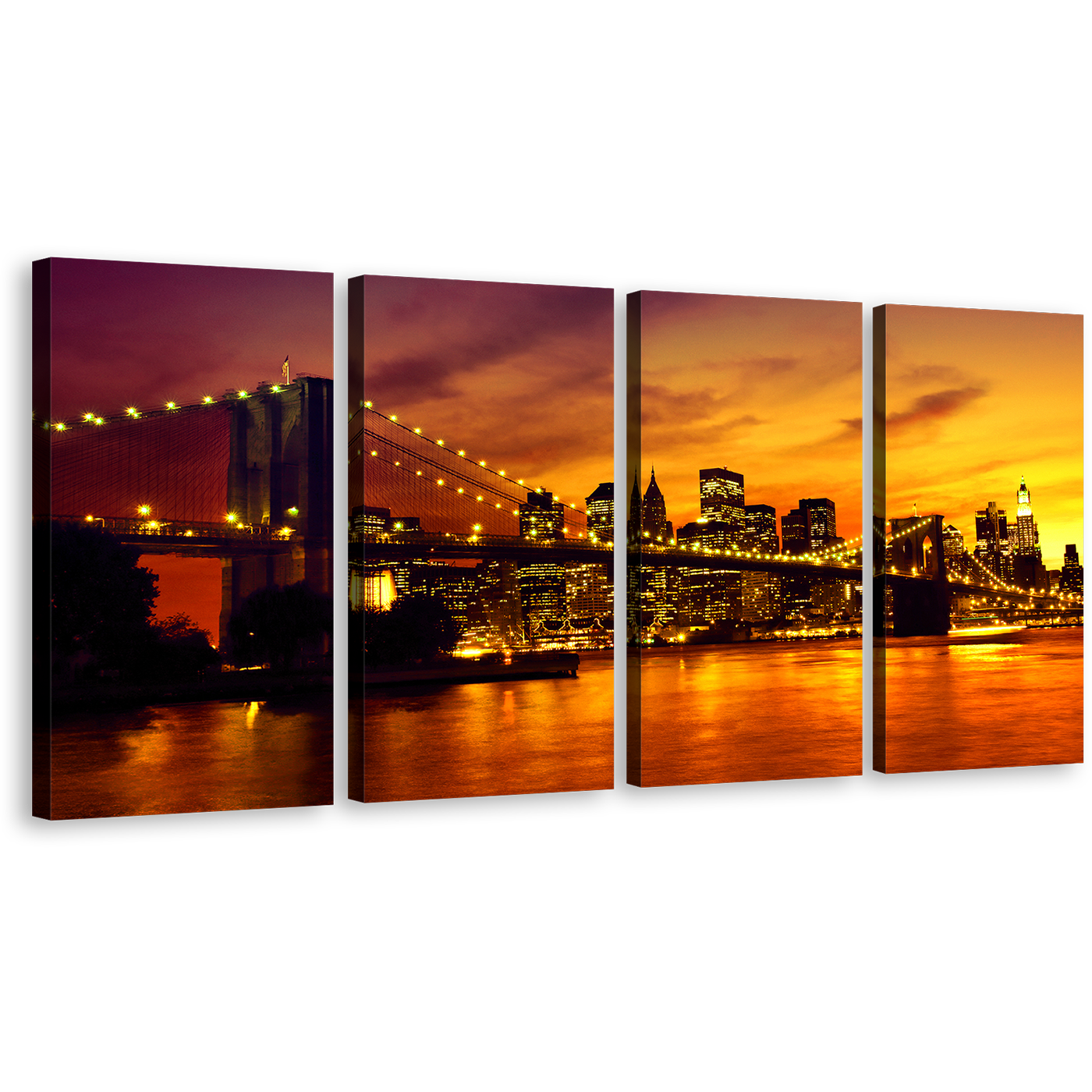 Manhattan Cityscape Wall Art, Brooklyn Bridge at Yellow Sunset 4 Piece Canvas Print, Black Manhattan Cityscape Multiple Canvas